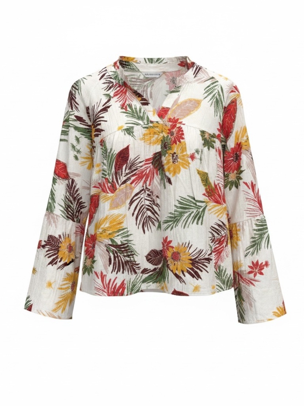 Counterparts White Tropical Floral Split-Neck Bell Sleeve Blouse